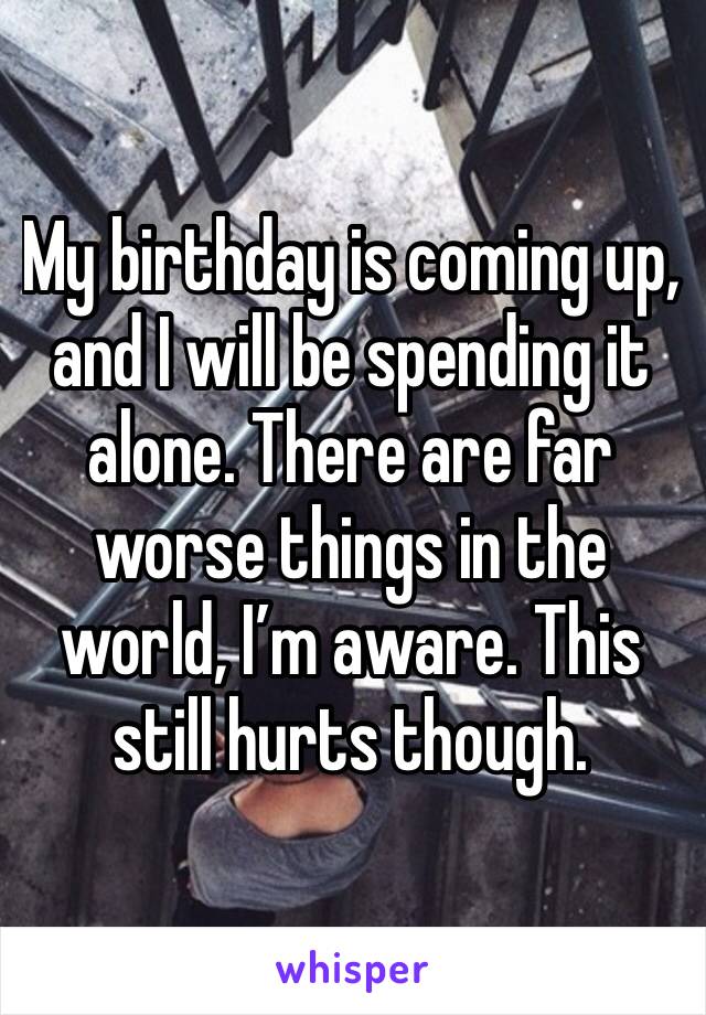 My birthday is coming up, and I will be spending it alone. There are far worse things in the world, I’m aware. This still hurts though.