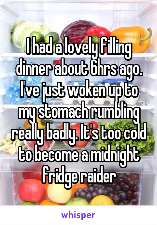 I had a lovely filling dinner about 6hrs ago.
I've just woken up to my stomach rumbling really badly. It's too cold to become a midnight fridge raider