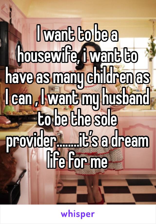 I want to be a housewife, i want to have as many children as I can , I want my husband to be the sole provider........it’s a dream life for me 