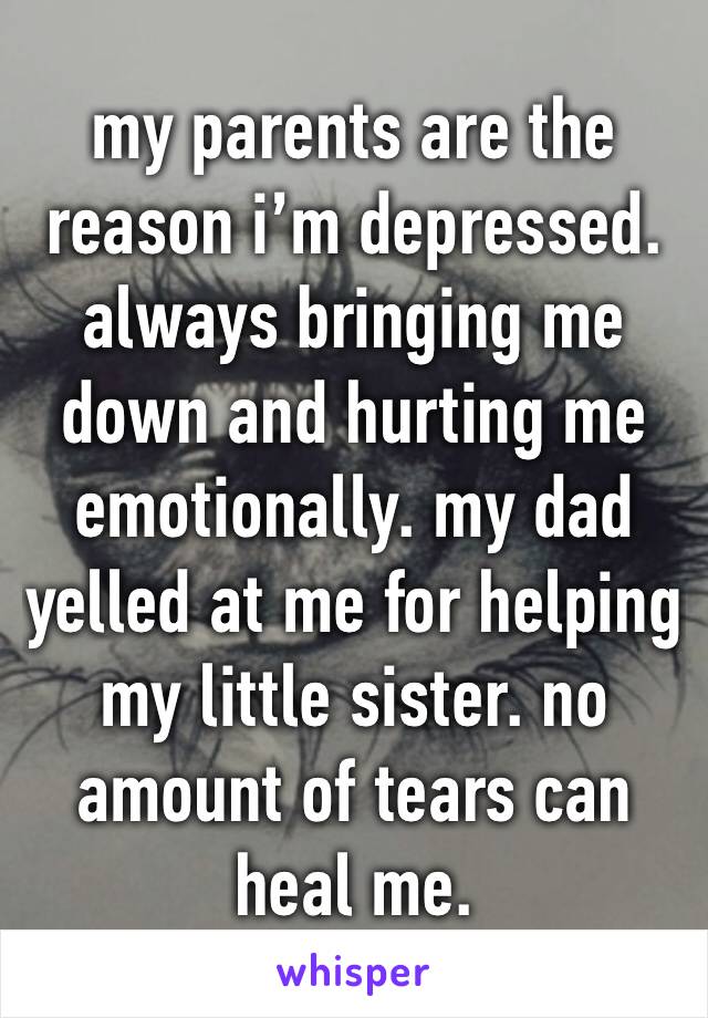 my parents are the reason i’m depressed. always bringing me down and hurting me emotionally. my dad yelled at me for helping my little sister. no amount of tears can heal me. 