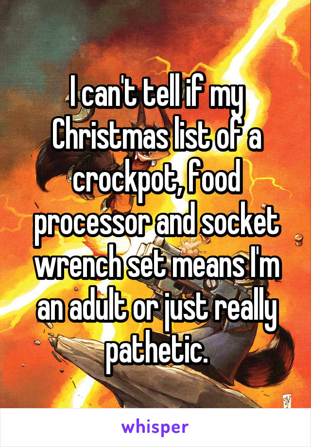 I can't tell if my Christmas list of a crockpot, food processor and socket wrench set means I'm an adult or just really pathetic.