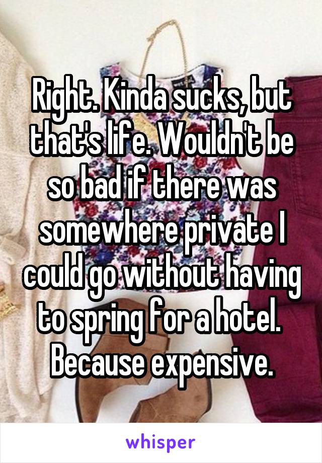 Right. Kinda sucks, but that's life. Wouldn't be so bad if there was somewhere private I could go without having to spring for a hotel.  Because expensive.