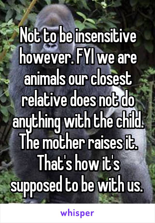 Not to be insensitive however. FYI we are animals our closest relative does not do anything with the child. The mother raises it. That's how it's supposed to be with us. 
