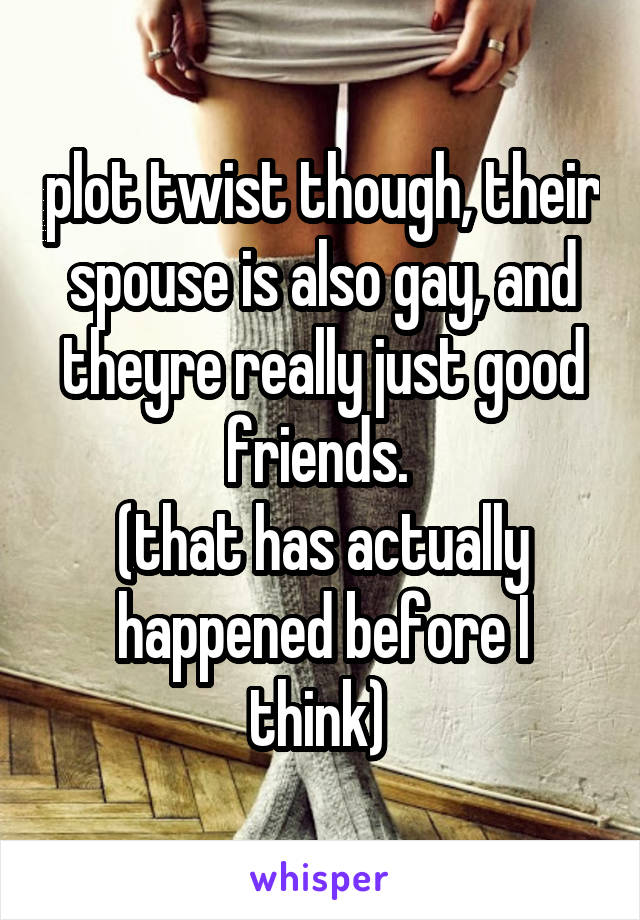 plot twist though, their spouse is also gay, and theyre really just good friends. 
(that has actually happened before I think) 
