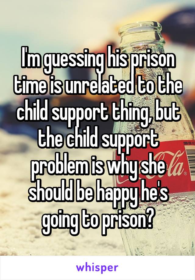 I'm guessing his prison time is unrelated to the child support thing, but the child support problem is why she should be happy he's going to prison?