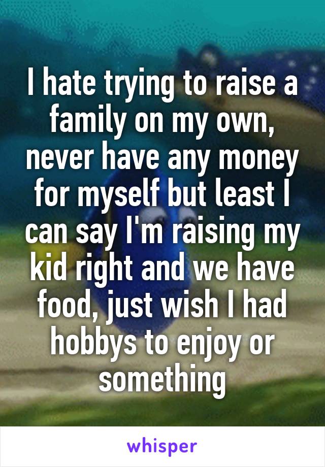 I hate trying to raise a family on my own, never have any money for myself but least I can say I'm raising my kid right and we have food, just wish I had hobbys to enjoy or something