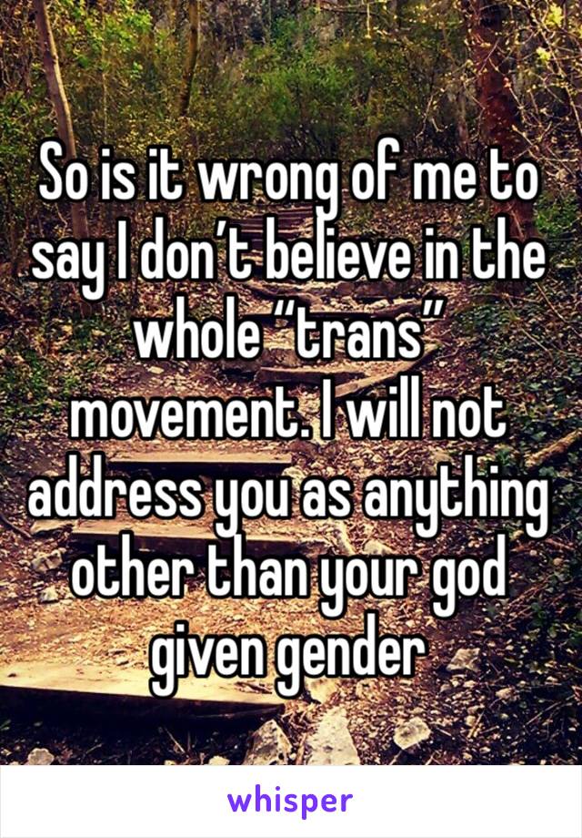 So is it wrong of me to say I don’t believe in the whole “trans” movement. I will not address you as anything other than your god given gender