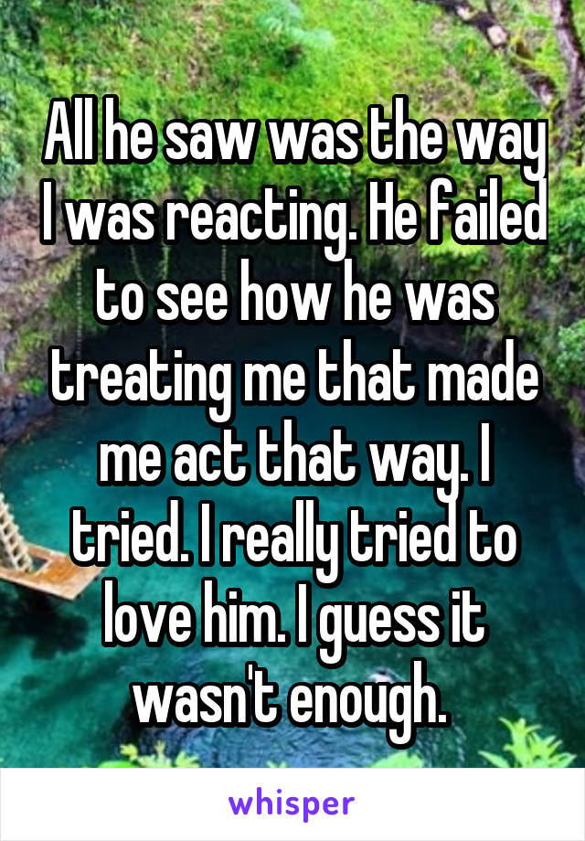 All he saw was the way I was reacting. He failed to see how he was treating me that made me act that way. I tried. I really tried to love him. I guess it wasn't enough. 