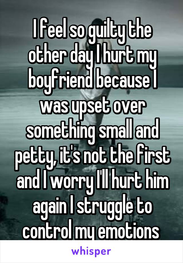 I feel so guilty the other day I hurt my boyfriend because I was upset over something small and petty, it's not the first and I worry I'll hurt him again I struggle to control my emotions 