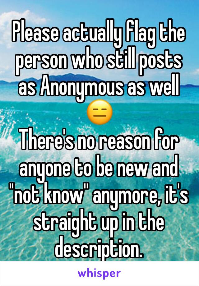 Please actually flag the person who still posts as Anonymous as well 😑
There's no reason for anyone to be new and "not know" anymore, it's straight up in the description. 
