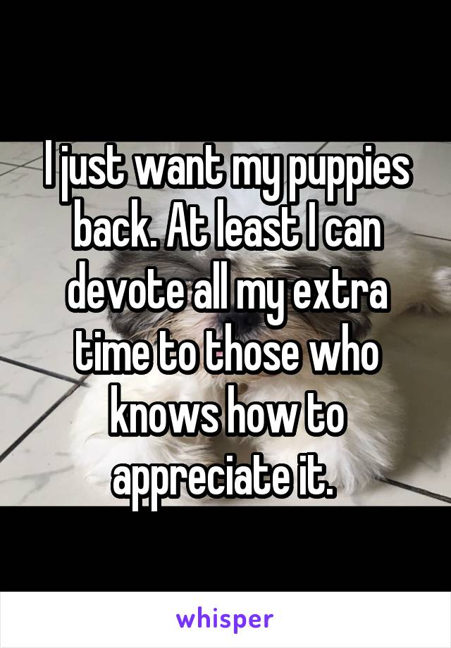 I just want my puppies back. At least I can devote all my extra time to those who knows how to appreciate it. 