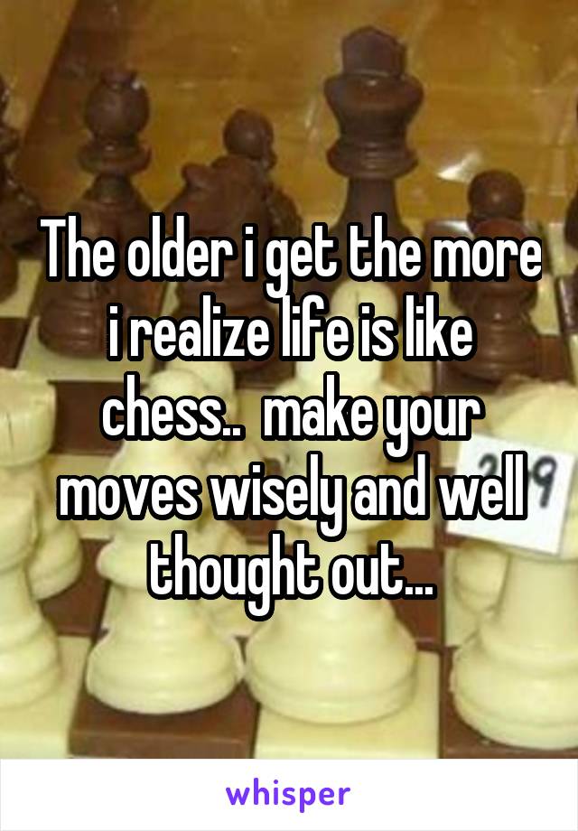 The older i get the more i realize life is like chess..  make your moves wisely and well thought out...