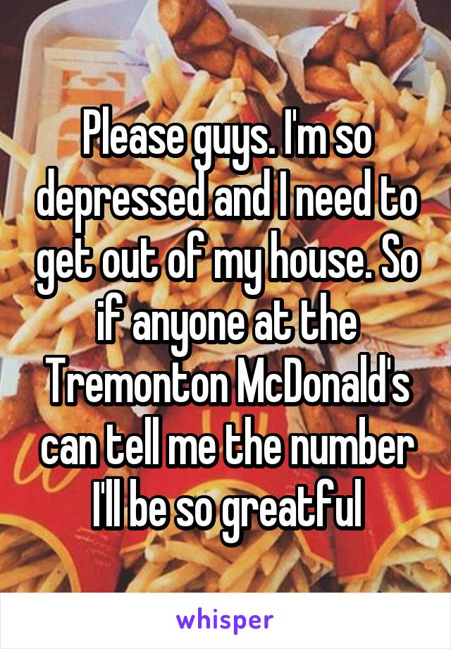 Please guys. I'm so depressed and I need to get out of my house. So if anyone at the Tremonton McDonald's can tell me the number I'll be so greatful