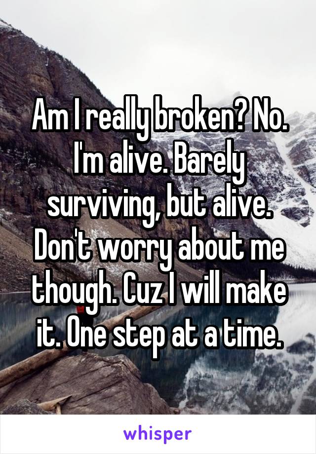 Am I really broken? No. I'm alive. Barely surviving, but alive. Don't worry about me though. Cuz I will make it. One step at a time.