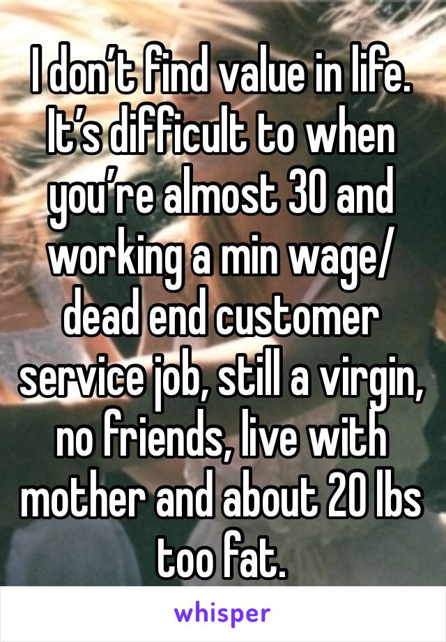 I don’t find value in life. It’s difficult to when you’re almost 30 and working a min wage/dead end customer service job, still a virgin, no friends, live with mother and about 20 lbs too fat. 