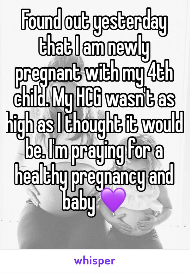 Found out yesterday that I am newly pregnant with my 4th child. My HCG wasn't as high as I thought it would be. I'm praying for a healthy pregnancy and baby 💜