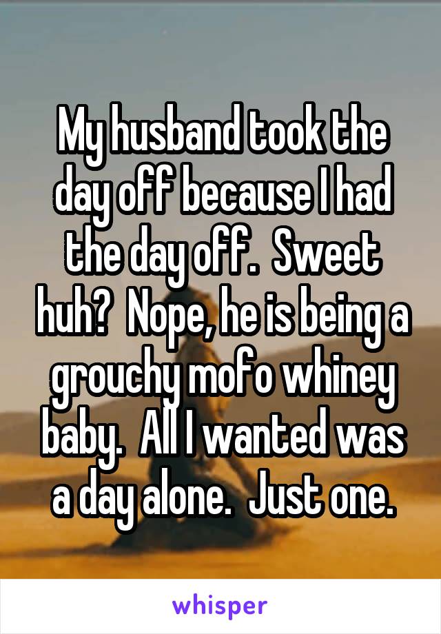 My husband took the day off because I had the day off.  Sweet huh?  Nope, he is being a grouchy mofo whiney baby.  All I wanted was a day alone.  Just one.