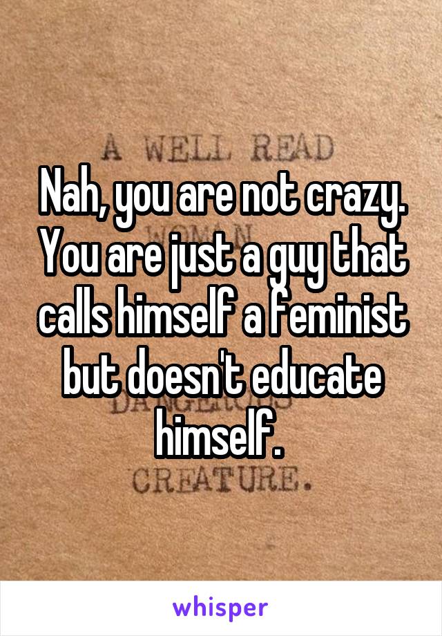 Nah, you are not crazy. You are just a guy that calls himself a feminist but doesn't educate himself. 