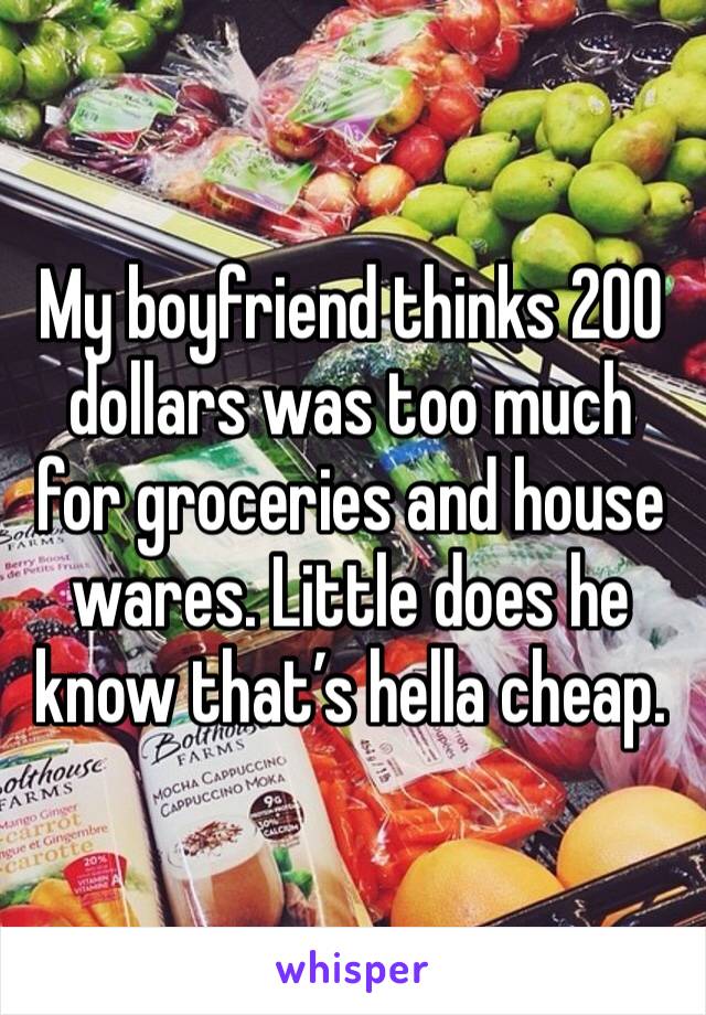 My boyfriend thinks 200 dollars was too much for groceries and house wares. Little does he know that’s hella cheap.