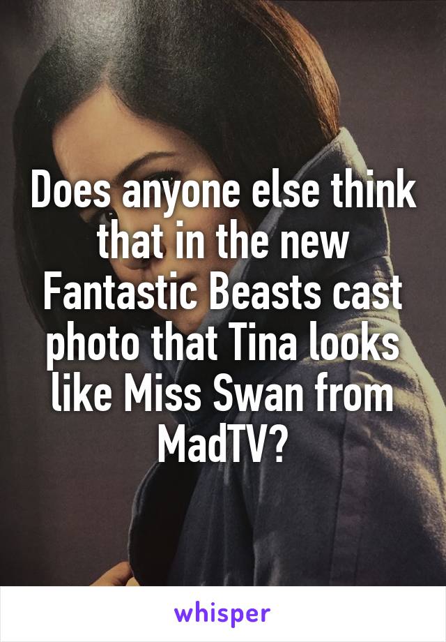 Does anyone else think that in the new Fantastic Beasts cast photo that Tina looks like Miss Swan from MadTV?
