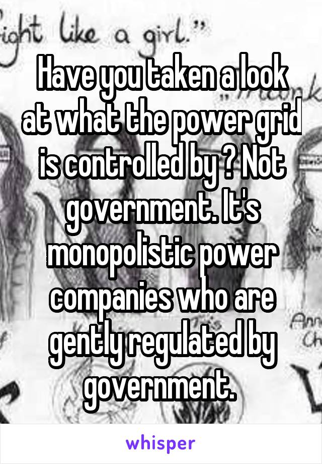 Have you taken a look at what the power grid is controlled by ? Not government. It's monopolistic power companies who are gently regulated by government. 