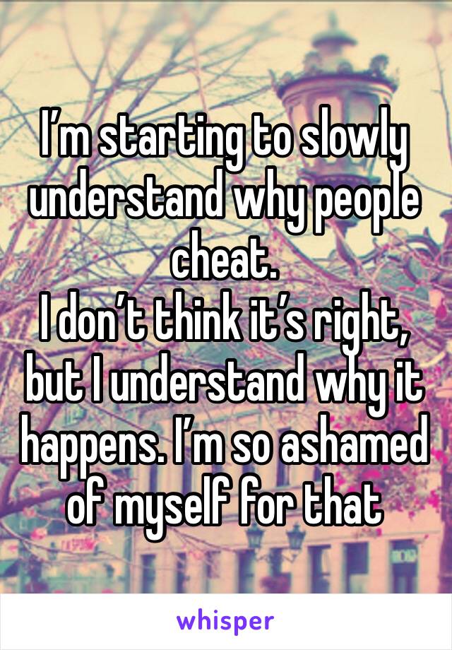 I’m starting to slowly understand why people cheat. 
I don’t think it’s right, but I understand why it happens. I’m so ashamed of myself for that 