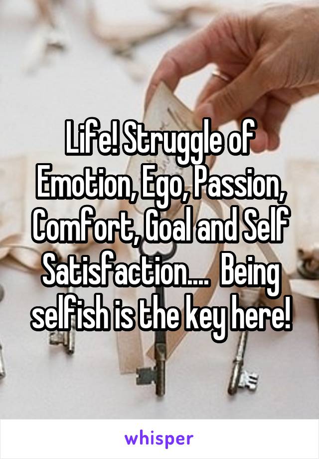 Life! Struggle of Emotion, Ego, Passion, Comfort, Goal and Self Satisfaction....  Being selfish is the key here!
