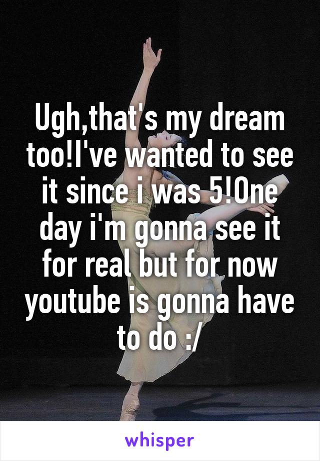 Ugh,that's my dream too!I've wanted to see it since i was 5!One day i'm gonna see it for real but for now youtube is gonna have to do :/