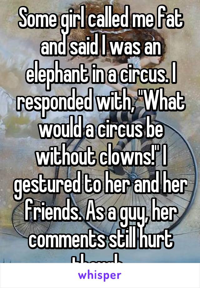 Some girl called me fat and said I was an elephant in a circus. I responded with, "What would a circus be without clowns!" I gestured to her and her friends. As a guy, her comments still hurt though. 