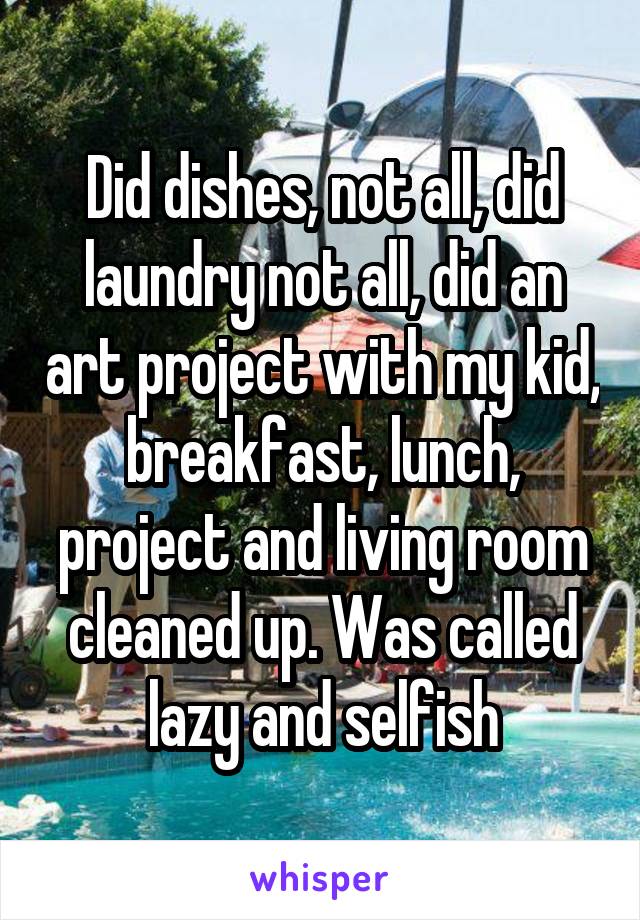 Did dishes, not all, did laundry not all, did an art project with my kid, breakfast, lunch, project and living room cleaned up. Was called lazy and selfish