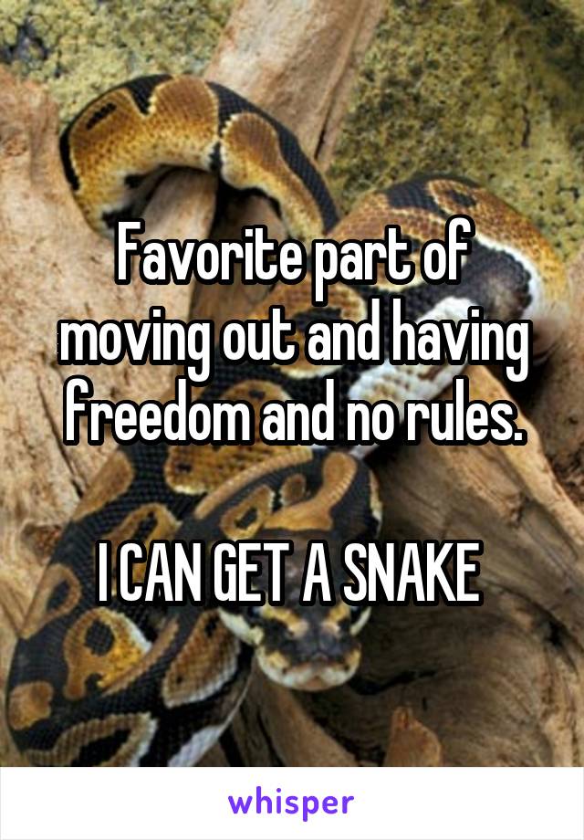 Favorite part of moving out and having freedom and no rules.

I CAN GET A SNAKE 