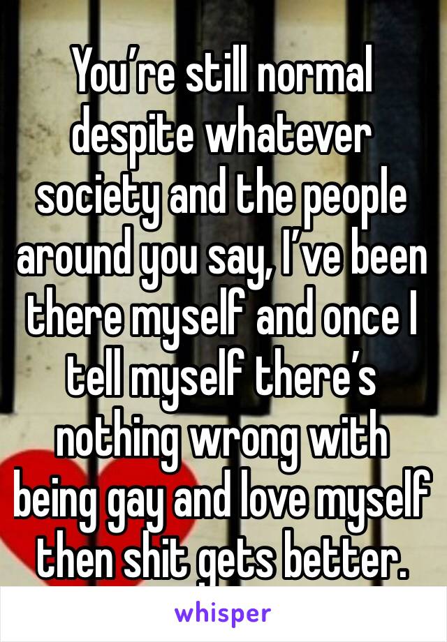 You’re still normal despite whatever society and the people around you say, I’ve been there myself and once I tell myself there’s nothing wrong with being gay and love myself then shit gets better.