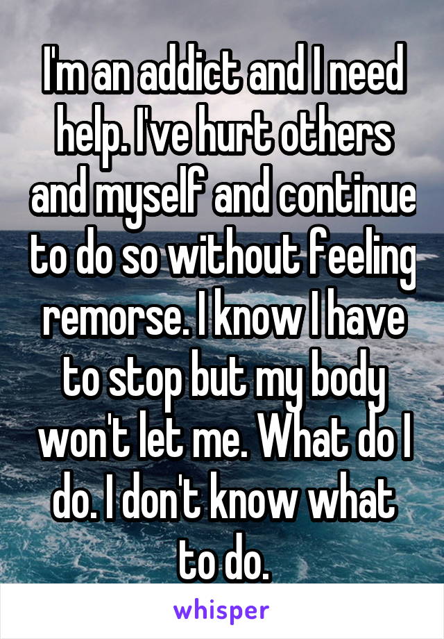I'm an addict and I need help. I've hurt others and myself and continue to do so without feeling remorse. I know I have to stop but my body won't let me. What do I do. I don't know what to do.