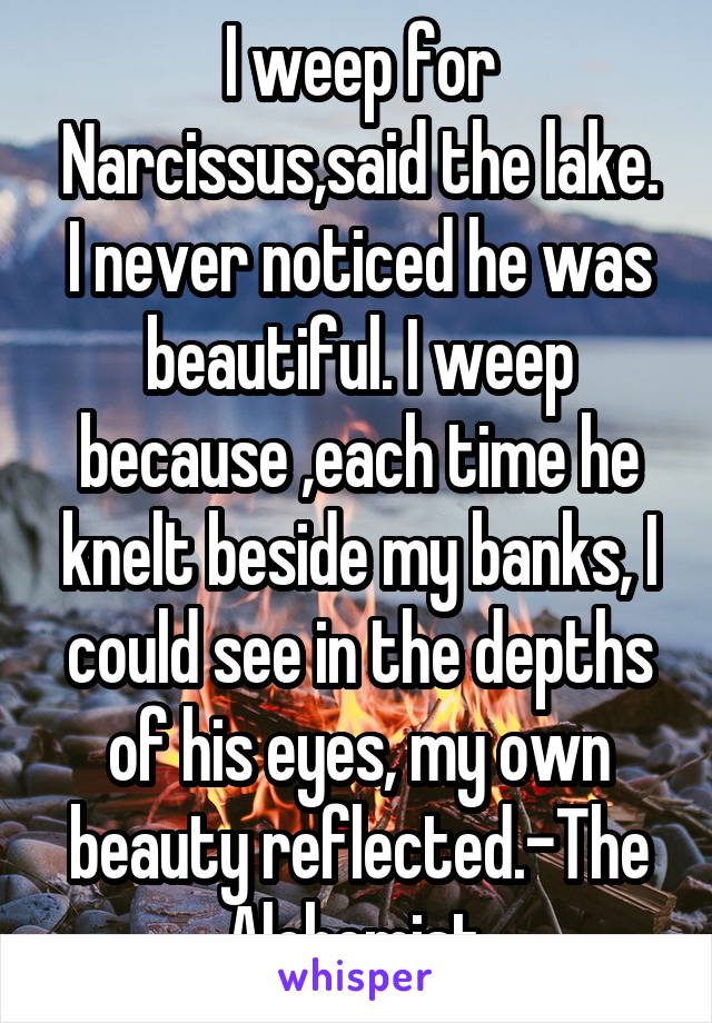 I weep for Narcissus,said the lake. I never noticed he was beautiful. I weep because ,each time he knelt beside my banks, I could see in the depths of his eyes, my own beauty reflected.-The Alchemist 