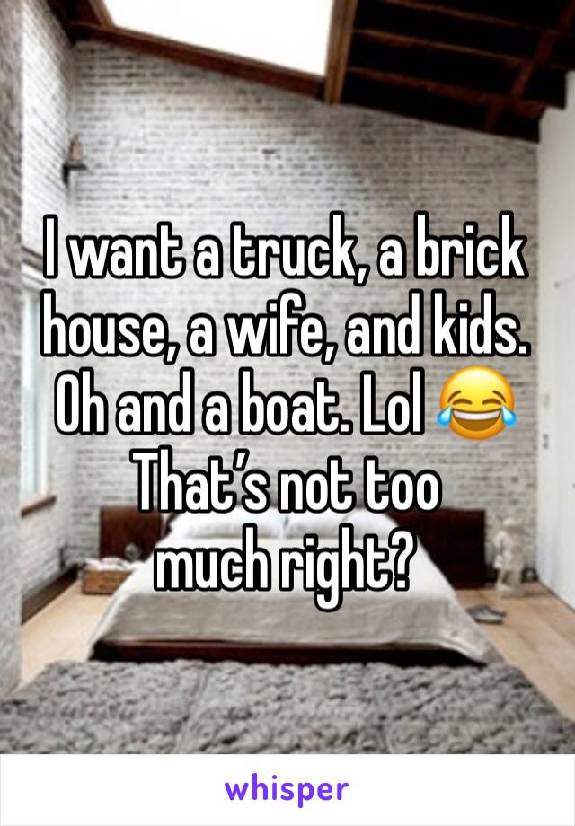 I want a truck, a brick house, a wife, and kids. Oh and a boat. Lol 😂 
That’s not too much right? 