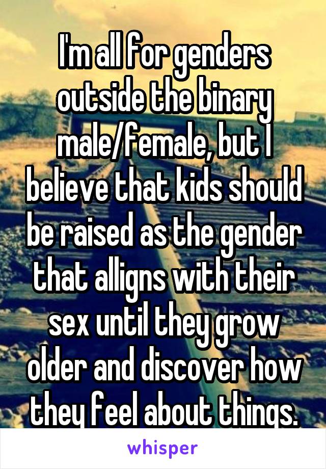 I'm all for genders outside the binary male/female, but I believe that kids should be raised as the gender that alligns with their sex until they grow older and discover how they feel about things.