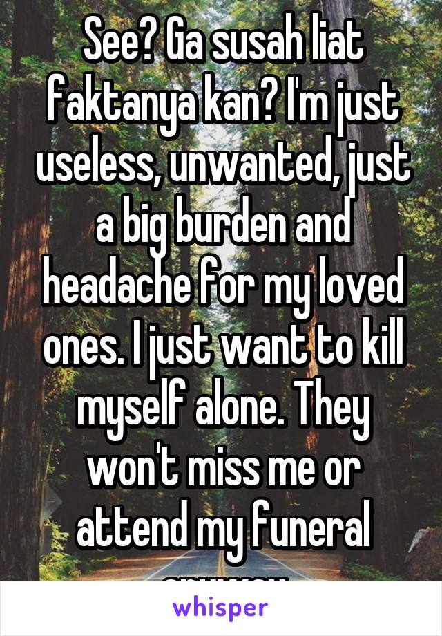 See? Ga susah liat faktanya kan? I'm just useless, unwanted, just a big burden and headache for my loved ones. I just want to kill myself alone. They won't miss me or attend my funeral anyway