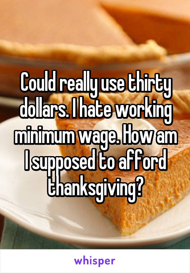 Could really use thirty dollars. I hate working minimum wage. How am I supposed to afford thanksgiving?