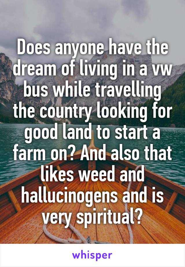 Does anyone have the dream of living in a vw bus while travelling the country looking for good land to start a farm on? And also that likes weed and hallucinogens and is very spiritual?