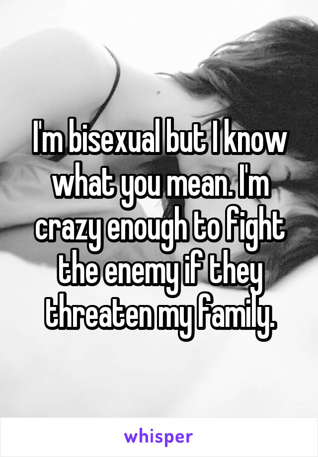 I'm bisexual but I know what you mean. I'm crazy enough to fight the enemy if they threaten my family.