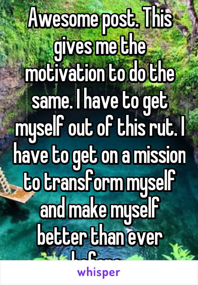Awesome post. This gives me the motivation to do the same. I have to get myself out of this rut. I have to get on a mission to transform myself and make myself better than ever before. 