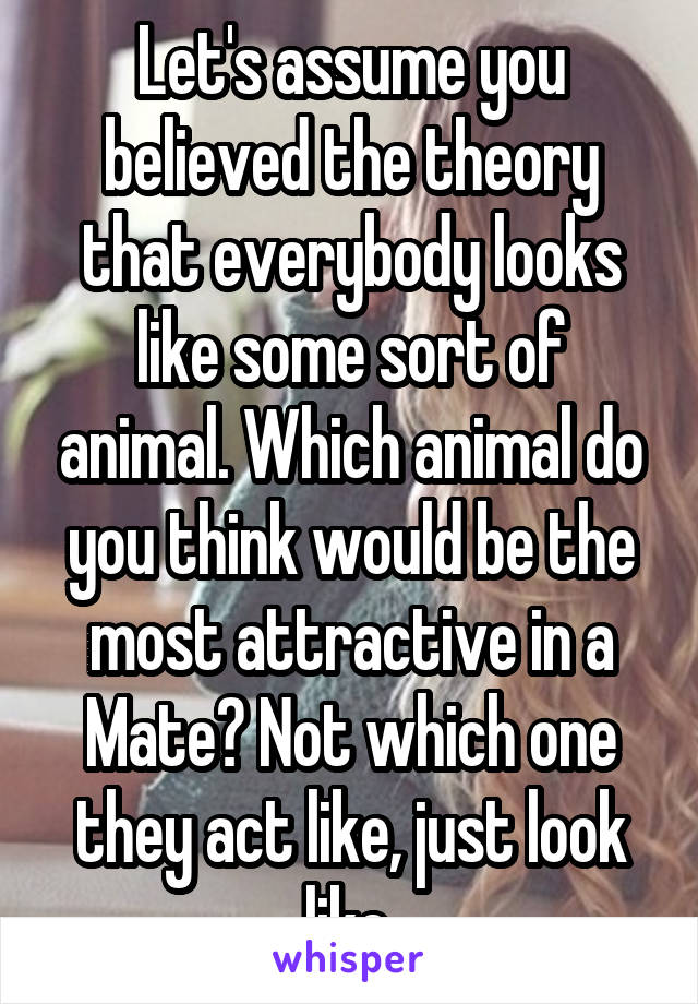 Let's assume you believed the theory that everybody looks like some sort of animal. Which animal do you think would be the most attractive in a Mate? Not which one they act like, just look like.