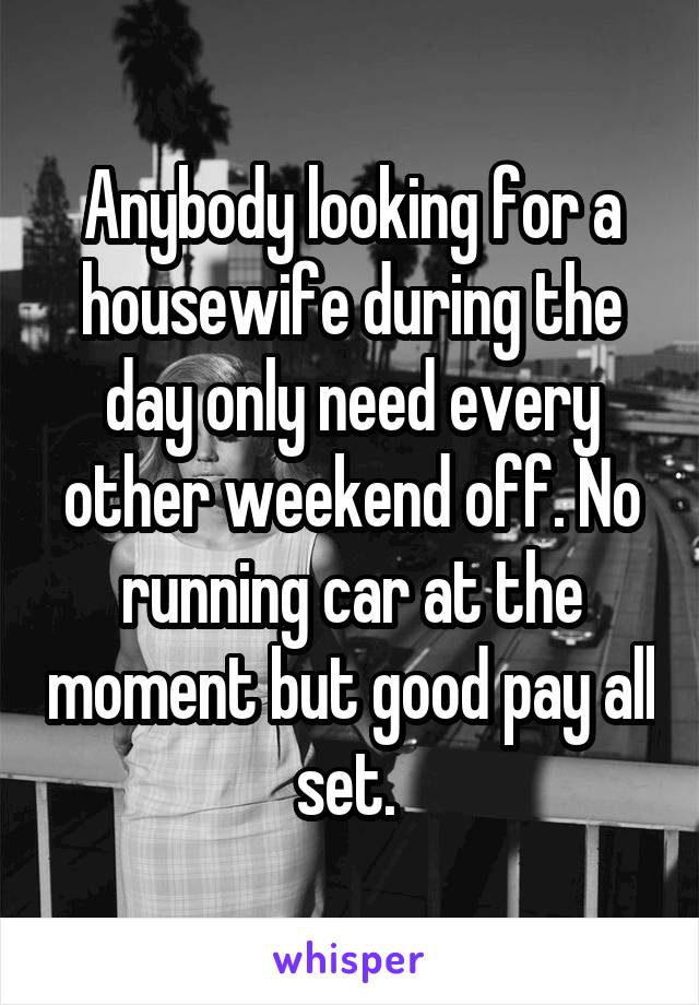 Anybody looking for a housewife during the day only need every other weekend off. No running car at the moment but good pay all set. 