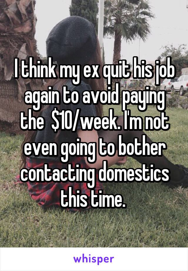 I think my ex quit his job again to avoid paying the  $10/week. I'm not even going to bother contacting domestics this time. 