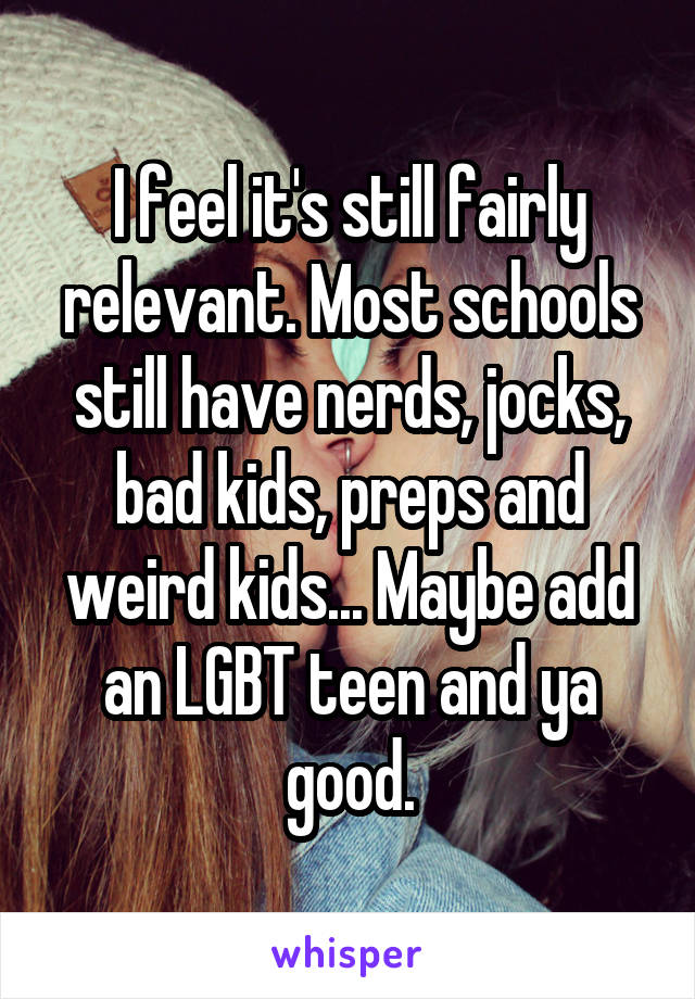 I feel it's still fairly relevant. Most schools still have nerds, jocks, bad kids, preps and weird kids... Maybe add an LGBT teen and ya good.