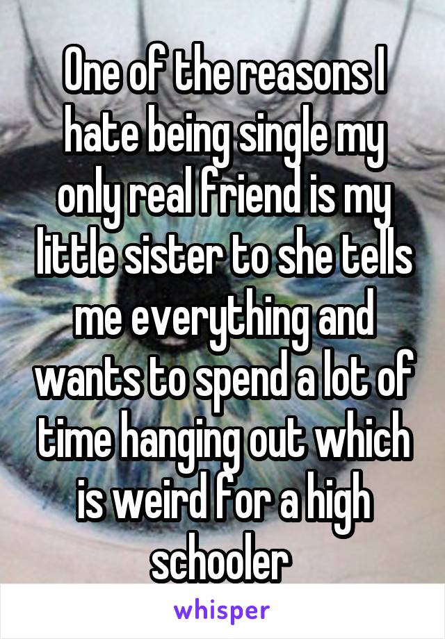 One of the reasons I hate being single my only real friend is my little sister to she tells me everything and wants to spend a lot of time hanging out which is weird for a high schooler 
