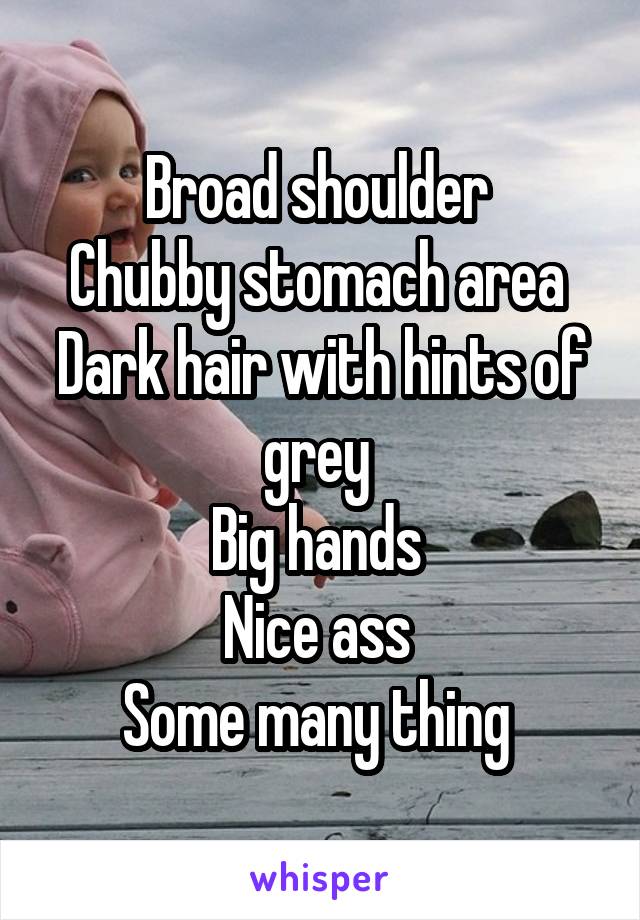 Broad shoulder 
Chubby stomach area 
Dark hair with hints of grey 
Big hands 
Nice ass 
Some many thing 