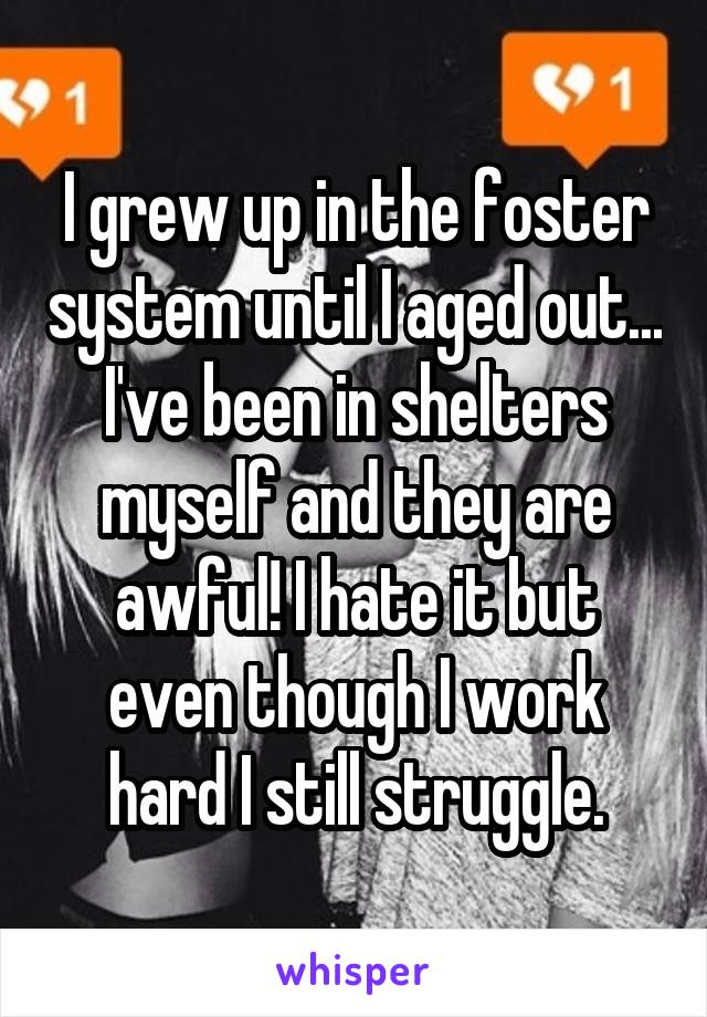 I grew up in the foster system until I aged out... I've been in shelters myself and they are awful! I hate it but even though I work hard I still struggle.