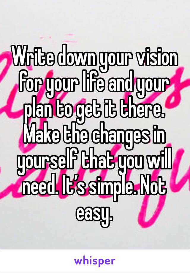 Write down your vision for your life and your plan to get it there. Make the changes in yourself that you will need. It’s simple. Not easy.