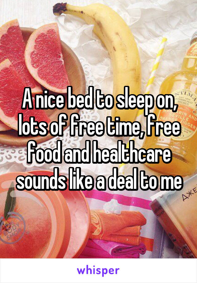 A nice bed to sleep on, lots of free time, free food and healthcare sounds like a deal to me
